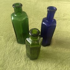 X3 Antique Vintage blue And Green Glass Hexagonal Poison Bottles