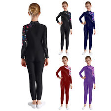 UK Kids Girls Full Body Unitard Sparkly Long Sleeve Ballet Leotard Gymnastics