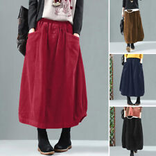 UK Womens Corduroy High Waist Midi Skirts Pockets Casual Loose Skirt Plus 8-24