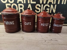 SET OF FOUR VINTAGE GRADUATING FRENCH ENAMEL KITCHEN CANNISTERS