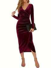 Solid Ruched Dress - Elegant Surplice Neck Long Sleeve Dress - Burgundy - 16/XL