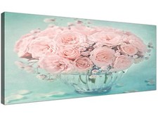 Duck Egg Blue and Pink Roses Flower Floral Shabby Chic Canvas 120cm Wide - 1287