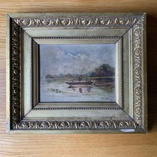 Vintage Gilt Framed Oil Painting - 3 Men Fishing In A Boat - Signed T Henderson