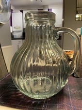 Vintage Ribbed Glass Water Jug /Pitcher with Handle – Retro Carafe (2L Approx.)