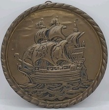 Peerage Vintage Brass Embossed Galleon Ship Wall Hanging Plaque  Ship 16x16cm