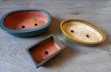 3 x Glazed Oval Bonsai Pot Dish Bowls 25" 23" & 14" Long  Good Condition