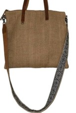 Most Wanted USA Tan Leather & Woven Shoulder Laptop Tote Handbag Purse