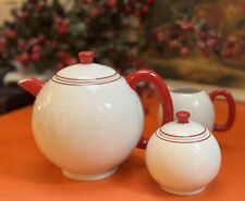 Monno Ceramics 3 Pieces Set For Tea Coffee Pot Porcelain White & Red Excellent