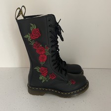 Dr. Martens 1914 Vonda Leather Mid Calf Boots UK Size 4 Black Red Roses