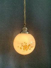 Beautiful Vintage Milk Glass Globe Pendant Ceiling Light, Yellow Floral Pattern