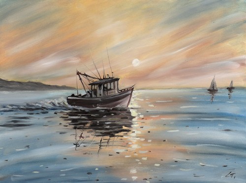 Original oil painting fishing - painting,