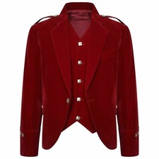 Men's Scottish Red Velvet Prince Charlie Jacket 5 Button Vest Kilt Jacket