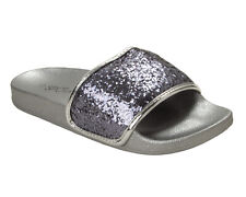 WOMENS GLITTER SLIDERS FLAT CASUAL SLIP ON COMFY SUMMER SHOES MULES LADIES SIZE
