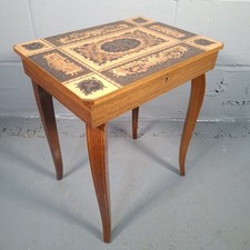 Vintage Inlaid Marquetry Music Sewing Table Cabriole Legs Wind-Up Movement