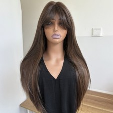 Heat Resistant Hair Mixed Brown Costume Wigs With Bangs Long Straight Soft