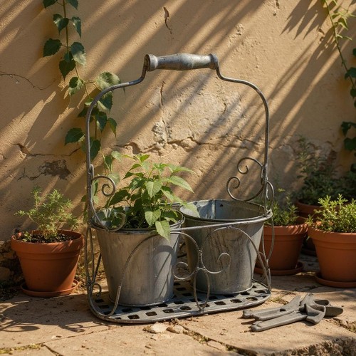 Double pot metal plant - metal, stand