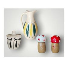 Vintage MidCentury Condiment Dispenser Group - Oil Jug/Mint Sauce Pot/Cruet Set