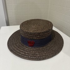 Rare Vintage Ridgmonk Straw Boater Hat Navy Band with Red Crest Made in England