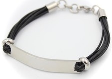 Black Leather Strands and Stainless Steel Mens Personalised ID Bracelet Engraved