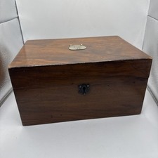 Antique Mahogany Veneer Jewellery/Sewing Box. Metal Escutcheon & Plaque 27x20x14