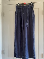 Navy Blue Linen Mix Wide Legged High Waisted Paper Bag Trousers Size 8 Matalan