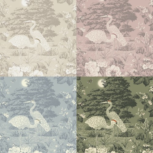 Floral cranes wallpaper green - floral,