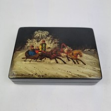 Vintage Russian Lacquer Box Painted Horse Drawn Sleigh Scene Dated 1975 Signed 