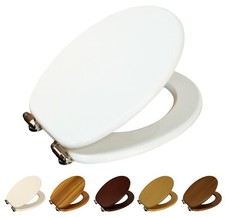 Wooden Toilet Seat Soft Close Chrome Hinges Oval Pine Mahogany Grey Oak White