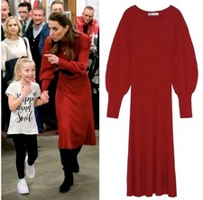 ZARA WOMAN RED RIBBED KNIT JUMPER PUFF SLEEVE DRESS ASO Kate Middleton L Uk 12 8
