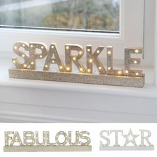 Light Up Wooden Sign Text Word Glitter Finish Warm White LED Decoration