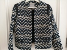 DESIGNER MARY PORTAS BLUE & BLACK CHEVRON PATTERN JACKET BRITISH MADE UK 12 NEW