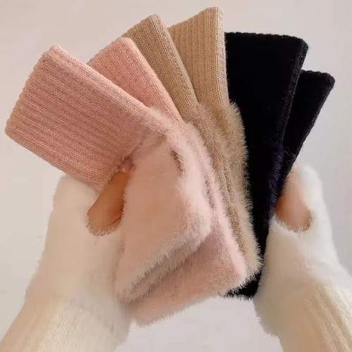 Fleece plush knitted gloves - fleece,
