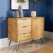 Solid Pine Sideboard 3 Drawers 2 Cupboards Waxed Wood Metal Legs Storage Cabinet