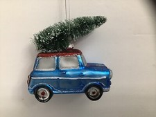 Blue Car With Christmas tree On Top Blown Glass Christmas Ornament, 4 x 4 x .5"