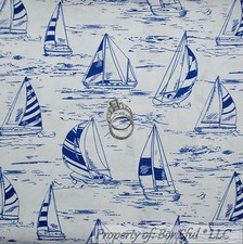 BonEful Fabric FQ Cotton Quilt White Blue Sea Sail Boat Ocean US Toile Navy Pier
