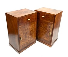 Antique Art Deco Burr Elm & Walnut Pair of Bedside Cabinet Storage Cupboard 1930