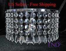 ROUND CHANDELIER SILVER CAKE STAND RISER PEDESTAL HOLDER  W/ DANGLING CRYSTALS