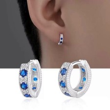 925 Sterling Silver Huggie Hoop Clip Blue Stone Earrings Womens Girls Jewellery