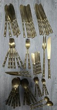 Thailand Vintage Set 57 Piece Lot Mixed Nickel Bronze Cutlery Bamboo Handles