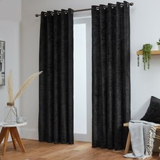 Pair Crushed Velvet Curtains Eyelet Ring Top Fully Lined- Black - Silver - White
