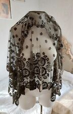 Antique 1800s Hand Embroidered Brown Tulle Lace Mantilla Veil Scarf Shawl