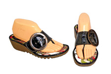 FLY London fully opening black leather toe post wedge sandals UK size 6. EU 39