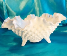 VINTAGE Fenton Hobnail White Milk Glass Ruffled 3-Footed 8" Bowl Dish Candy Mcm