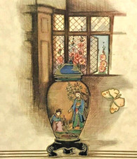 Vintage Birthday Greeting Card Hand Coloured Japanese Vase Butterfly 1940s-1950s