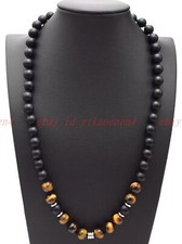 Mens Beads Necklace 8mm Black Matte Agate TigerEye Stone Healing Chakra Necklace