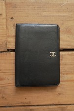 Chanel Vintage Black Leather Wallet Long Purse Bi Fold Gold Logo
