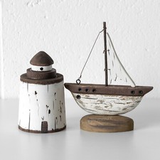Set of 2 Small Wooden Nautical Ornaments Sailing Boat Lighthouse Rustic Decor