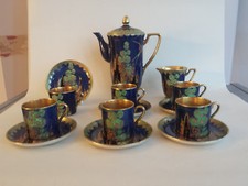 Crown Devon Art Deco lustre emamel & gilded 'Fantasia' coffee set for 6 (-sugar)