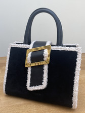KASSANDRE Women's Top Handle Bag Black Suede & Shearling Trim. Adjustable strap
