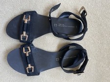 NEXT Leather Collection Black Suede Gold Bar  Flat Sandals Size 5 (38)